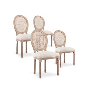 IntenseDeco Lot de 4 chaises médaillon Louis XVI Cannage Rotin tissu Beige