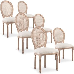 IntenseDeco Lot de 6 chaises médaillon Louis XVI Cannage Rotin tissu Beige