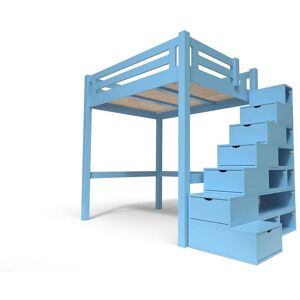 ABC MEUBLES Lit Mezzanine adulte bois + escalier cube hauteur réglable Alpage - 160x200 - Bleu Pastel - 160x200 - Bleu Pastel