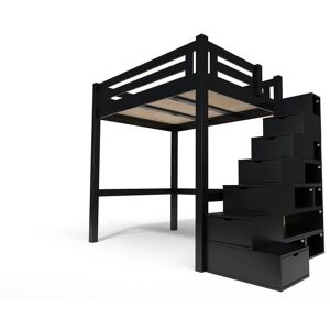 ABC MEUBLES Lit Mezzanine adulte bois + escalier cube hauteur réglable Alpage - 160x200 - Noir - 160x200 - Noir