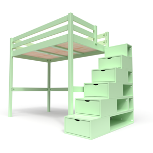 ABC MEUBLES Lit Mezzanine bois avec escalier cube Sylvia - 120x200 - Vert Pastel - 120x200 - Vert Pastel