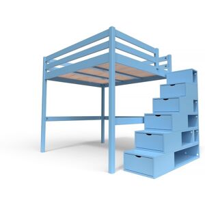 ABC MEUBLES Lit Mezzanine bois avec escalier cube Sylvia - 160x200 - Bleu Pastel - 160x200 - Bleu Pastel