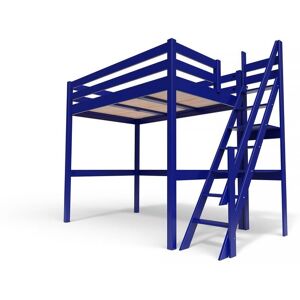 ABC MEUBLES Lit Mezzanine bois avec escalier de meunier Sylvia - 120x200 - Bleu foncé - 120x200 - Bleu foncé