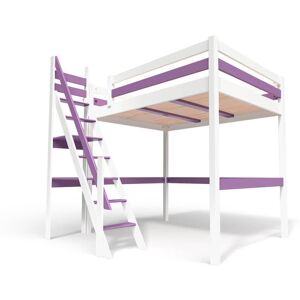 ABC MEUBLES Lit Mezzanine bois avec escalier de meunier Sylvia - 160x200 - Blanc/Lilas - 160x200 - Blanc/Lilas