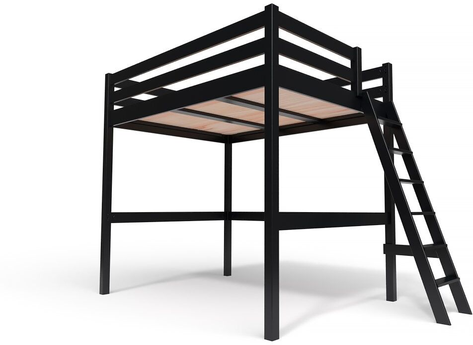 ABC MEUBLES Lit Mezzanine bois avec échelle Sylvia - 140x200 - Noir - 140x200 - Noir