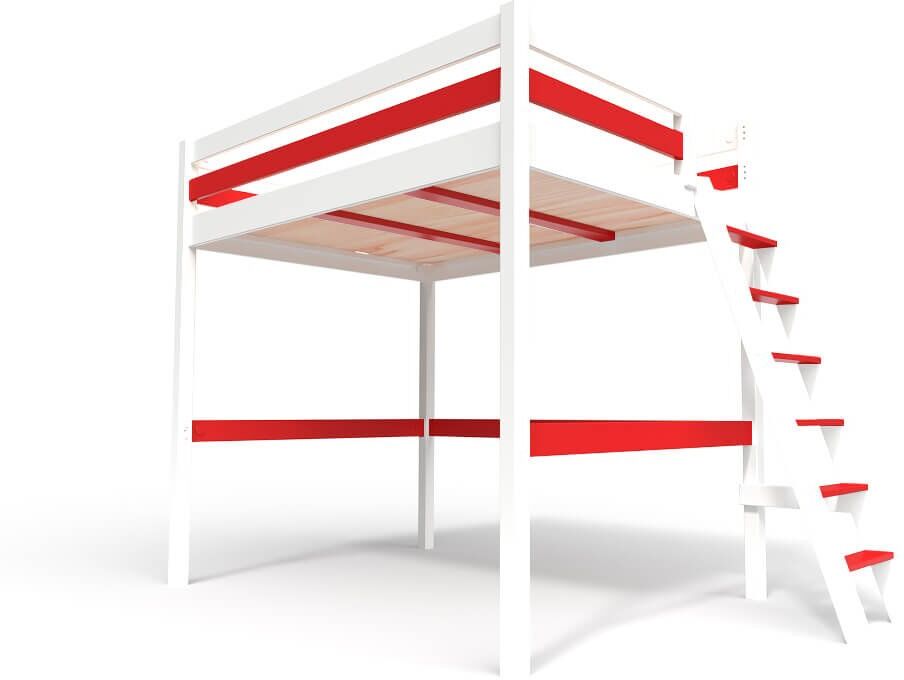 ABC MEUBLES Lit Mezzanine bois avec échelle Sylvia - 140x200 - Blanc/Rouge - 140x200 - Blanc/Rouge