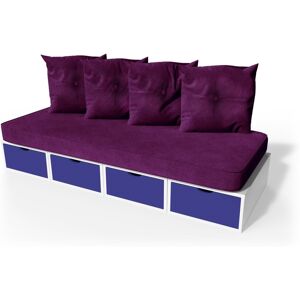 ABC MEUBLES Banquette cube 200 cm + futon + coussins - - Blanc/Bleu foncé - / - Blanc/Bleu foncé