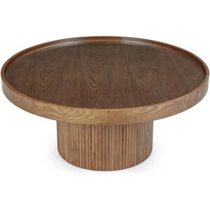 NV GALLERY Table basse HUDSON - Table basse, Verre trempe & bois de frene teinte noyer, Ø90 Marron