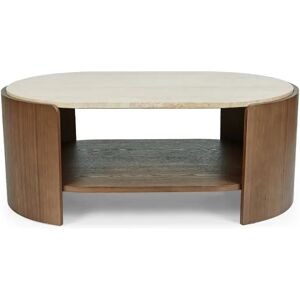 NV GALLERY Table basse ELIPSE - Table basse, Travertin waterproof & bois de frene teinte noyer, L100 Marron / Blanc