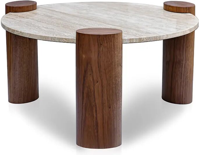 NV GALLERY Table basse MIES - Table basse, Pierre de travertin waterproof & bois noyer, Ø90 Naturel / Marron