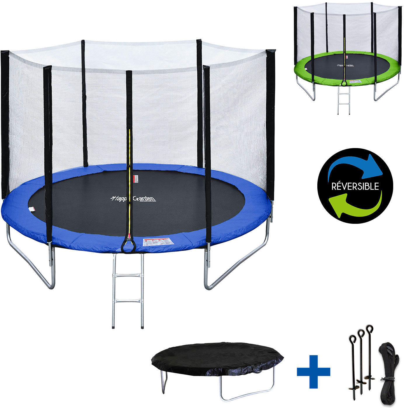 Happy Garden Pack Premium Trampoline 245cm réversible bleu / vert CANBERRA + filet, échelle, bâche et kit d'ancrage Happy Garden Pack Premium Trampoline 245cm réversible bleu / vert CANBERRA + filet, échelle, bâche et kit d'ancrage