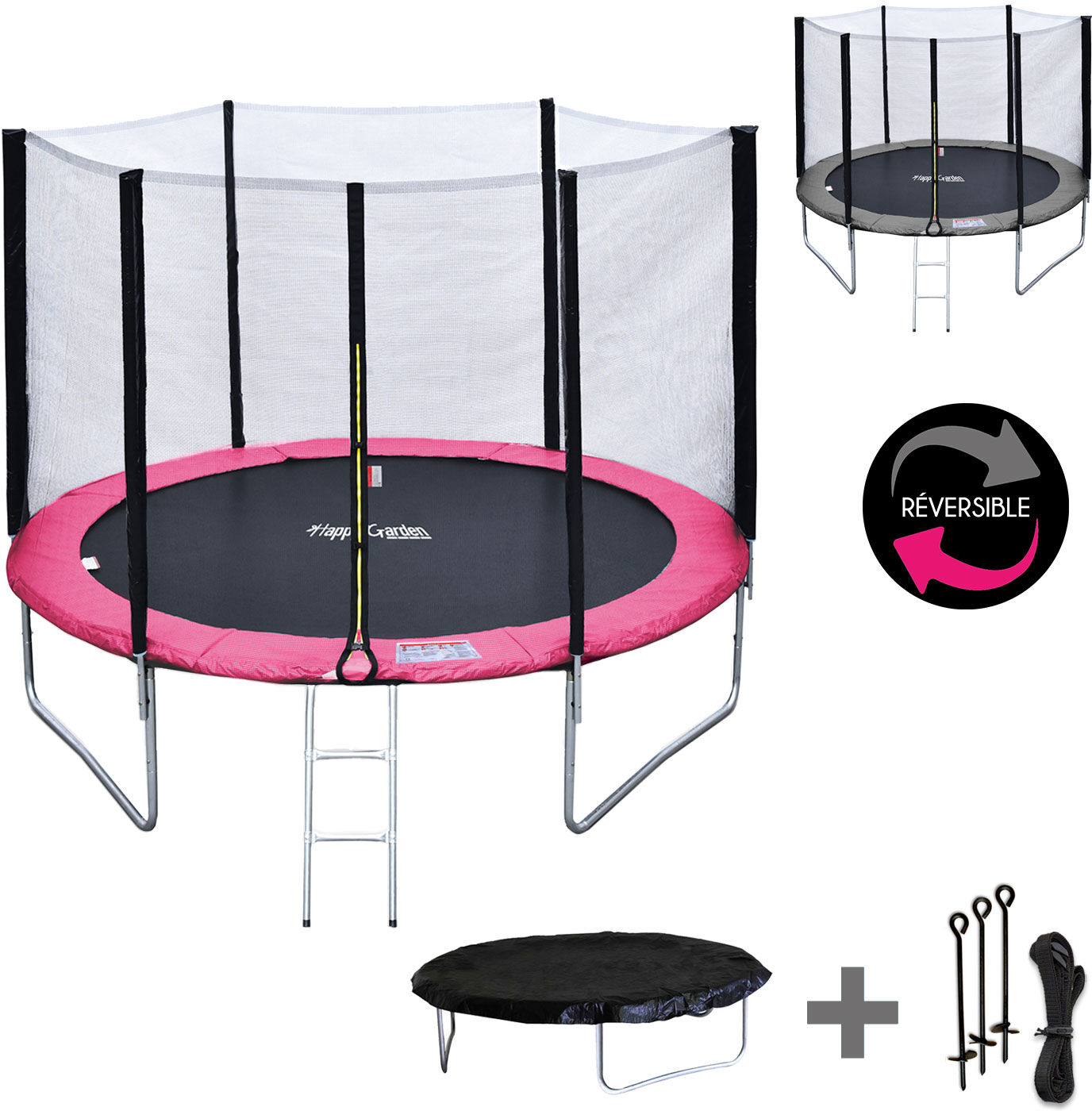 Happy Garden Pack Premium Trampoline 305cm réversible rose / gris ADELAÏDE + filet, échelle, bâche et kit d'ancrage Happy Garden Pack Premium Trampoline 305cm réversible rose / gris ADELAÏDE + filet, échelle, bâche et kit d'ancrage