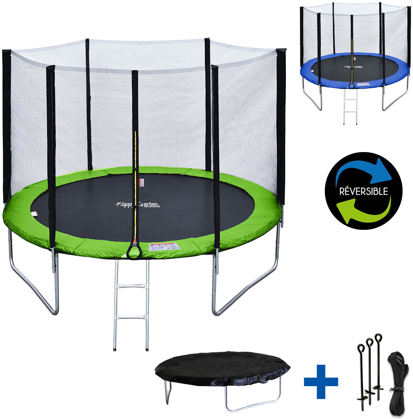 Happy Garden Pack Premium Trampoline 305cm réversible vert / bleu ADELAÏDE + filet, échelle, bâche et kit d'ancrage