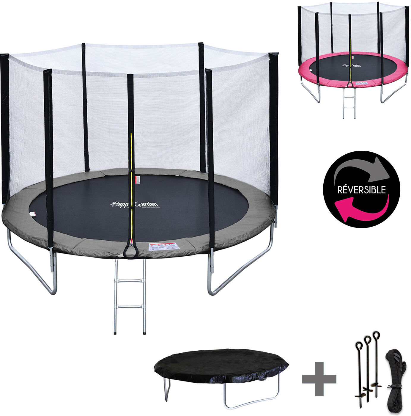 Happy Garden Pack Premium Trampoline 245cm réversible gris / rose CANBERRA + filet, échelle, bâche et kit d'ancrage Happy Garden Pack Premium Trampoline 245cm réversible gris / rose CANBERRA + filet, échelle, bâche et kit d'ancrage