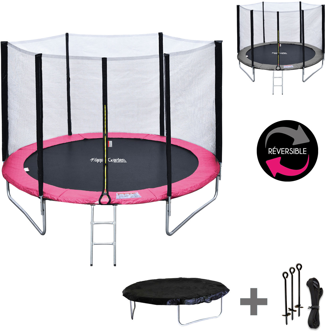 Happy Garden Pack Premium Trampoline 245cm réversible rose / gris CANBERRA + filet, échelle, bâche et kit d'ancrage Happy Garden Pack Premium Trampoline 245cm réversible rose / gris CANBERRA + filet, échelle, bâche et kit d'ancrage
