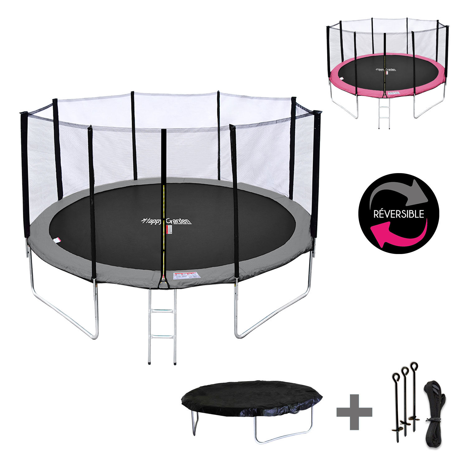 Happy Garden Pack Premium Trampoline 370cm réversible gris / rose PERTH + filet, échelle, bâche et kit d'ancrage