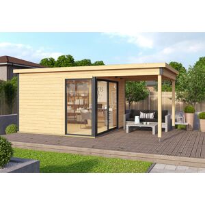 Lasita Abri de jardin avec auvent bois brut ep. 44 mm 16,7 m² - Domeo 2 Plus - Publicité