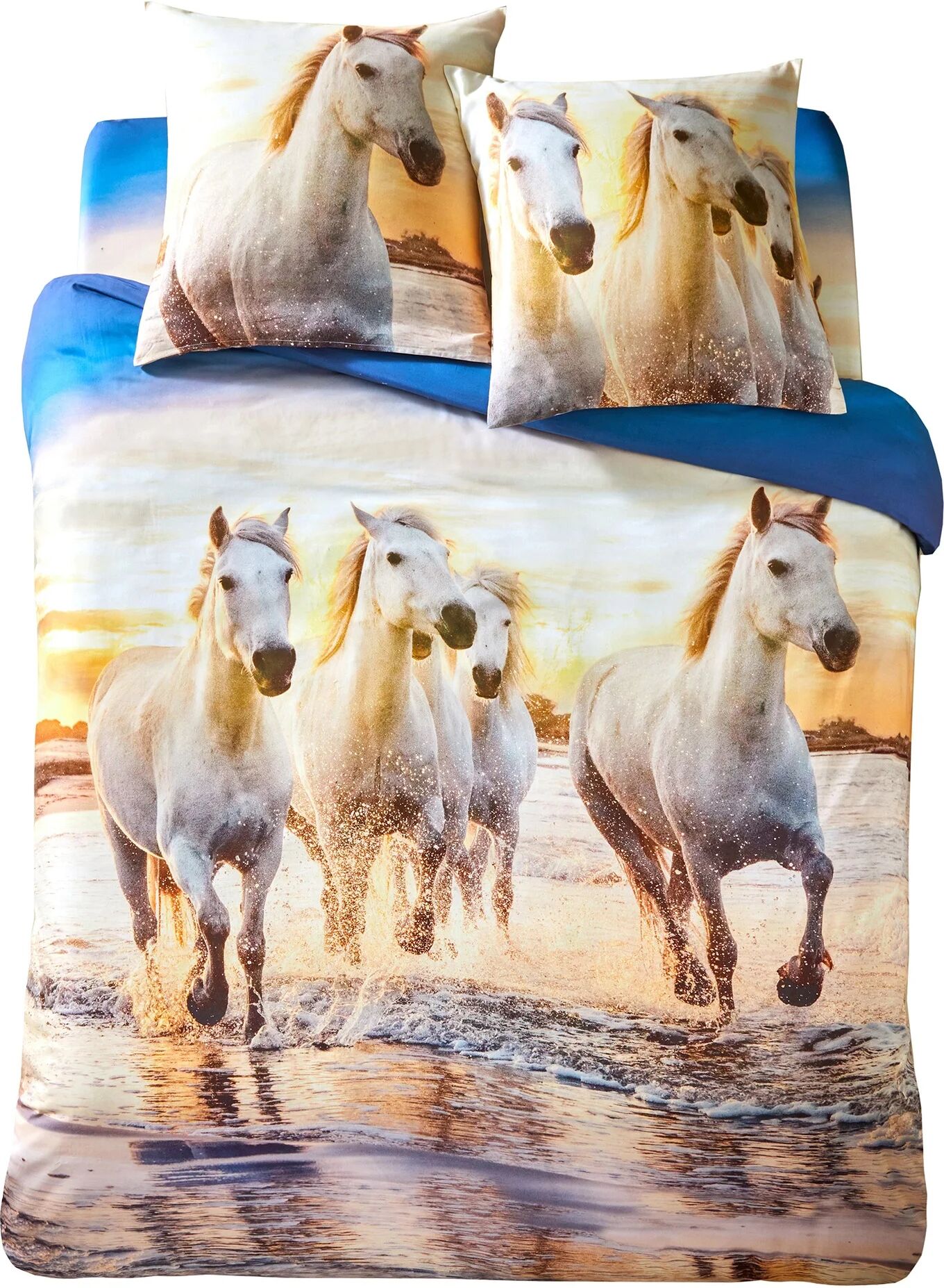 Linge de lit Haras imprimé chevaux, coton - BlancheporteDes chevaux galopant sur la plage et un beau coucher de soleil... Bon départ pour des rêves d'évasion, cette douce parure en coton personnalise une chambre en un clin d'oeil pour se sentir vraiment b