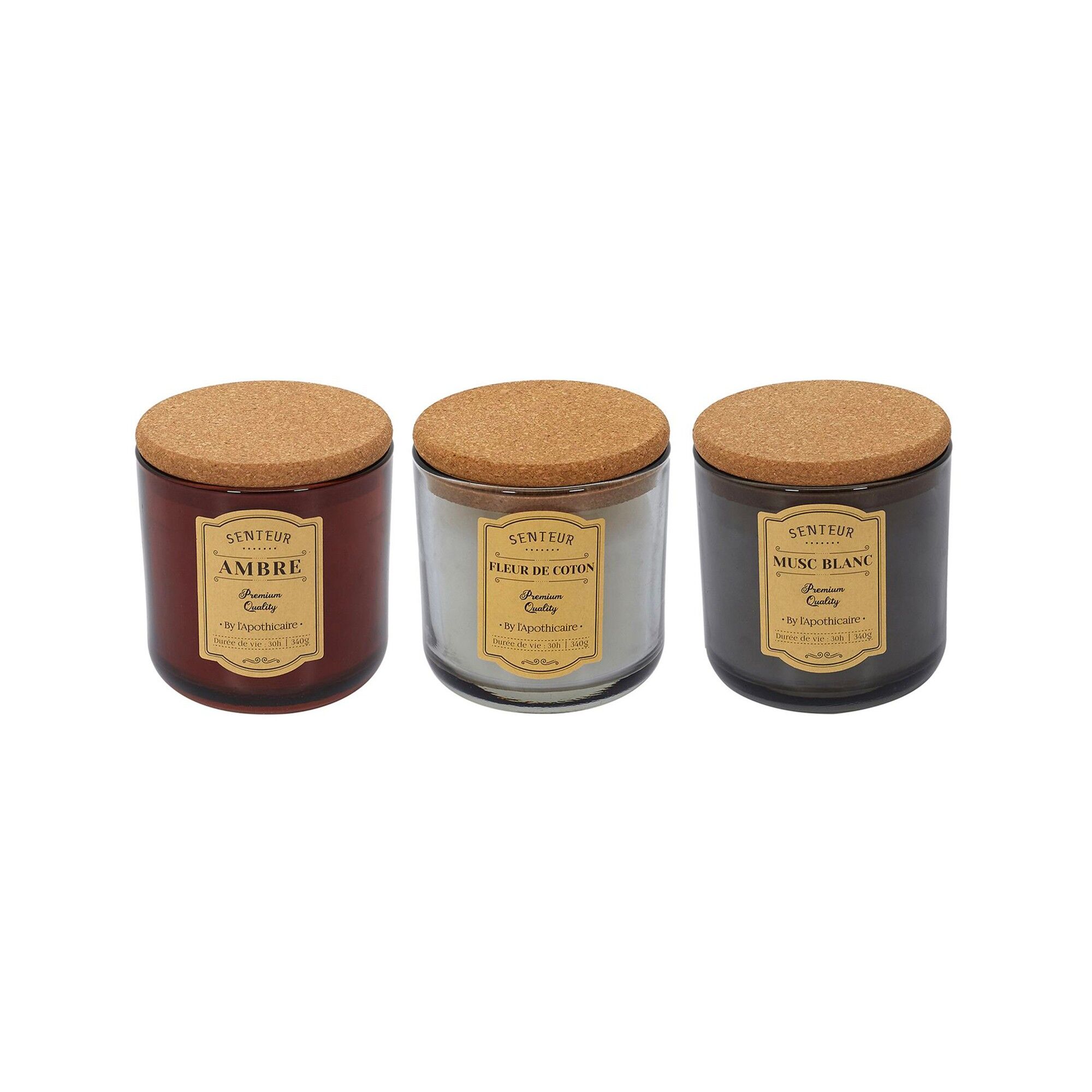 Bougies parfumées style apothicaire - lot de 3 - BlancheporteLaissez planer les senteurs réconfortantes d’ambre, de musc blanc ou de fleur de coton dans vos pièces ! Ces 3 pots en verre de couleurs différentes contiennent chacun une fragrance différente, 