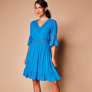 Robe courte macramé unie, crépon - 46 - Bleu -