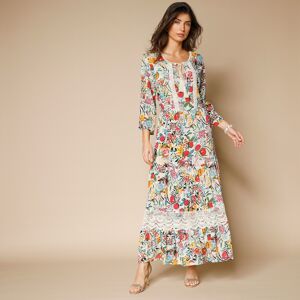 Robe longue imprimé fleuri, manches 3/4 - 52 - Écru