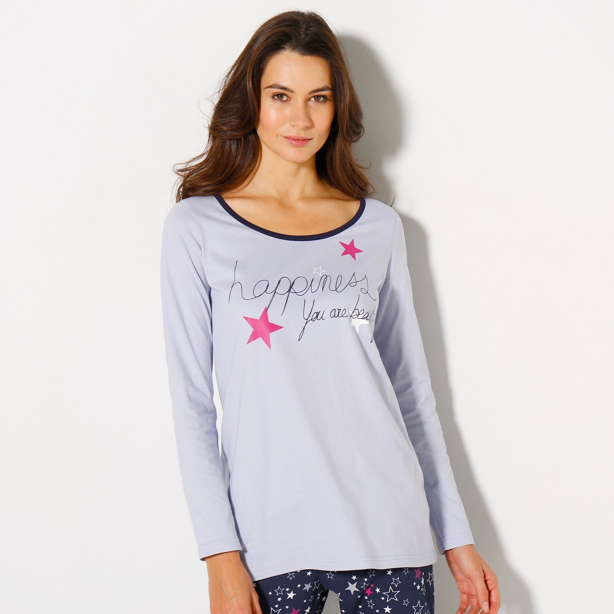 Blancheporte Tee-shirt manches longues « happiness » - jersey coton - BlancheporteAvec ce haut de pyjama, impossible de ne pas adopter la positive attitude ! Composez votre pyjama en combinant ce T-shirt manches longues aux bas de pyjama assortis unis ou