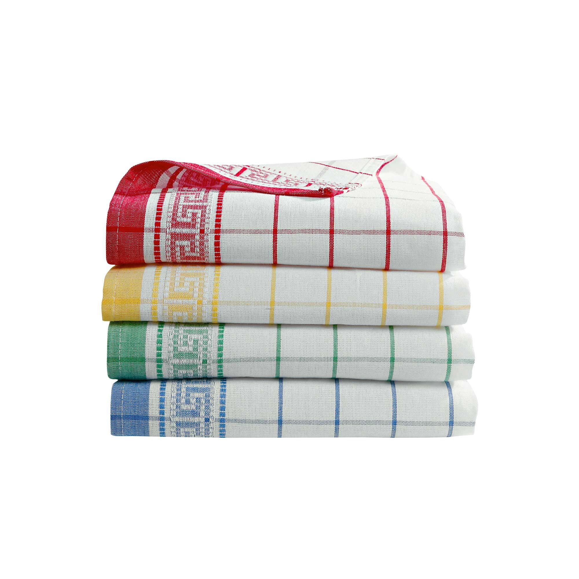 Torchon Mycène coton tissé teint - lots - BlancheporteGrand pouvoir d'absorption et grande résistance à l'usure pour ces torchons aux motifs grecs. Lot de 4 ou 12 torchons.Lot de 4 torchons : 50x75cmBleu/jaune/rouge/vert