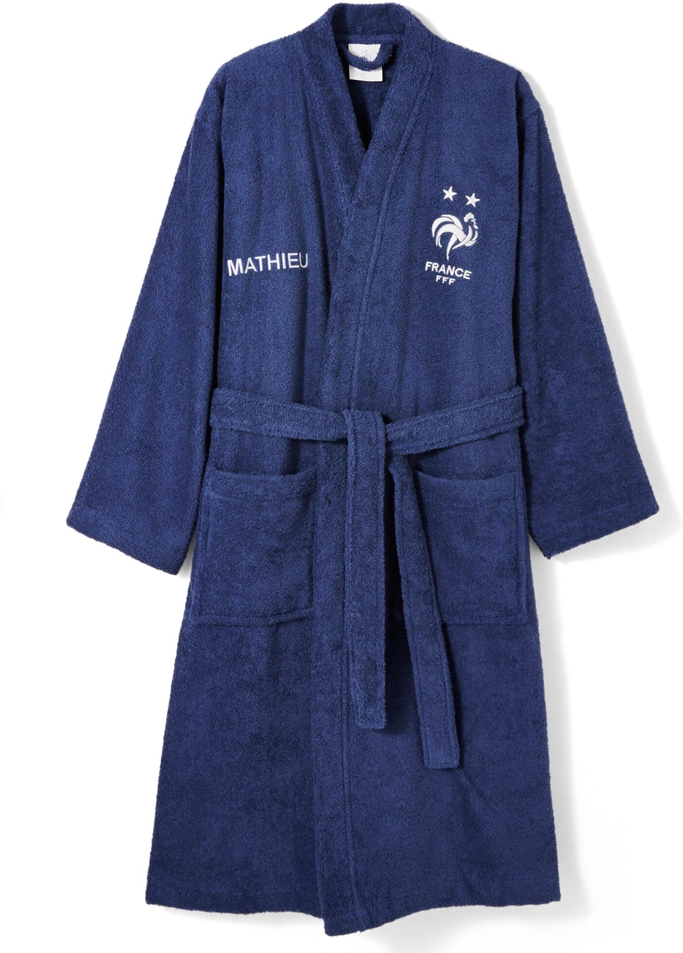 Peignoir de bain adulte FFF® personnalisable - 38/42 - Bleu - FffTout supporter de l'Equipe de France de Football qui se respecte se doit d'avoir un peignoir sous licence officielle FFF® avec deux étoiles... Pourquoi ne pas faire plaisir en (s')offrant un