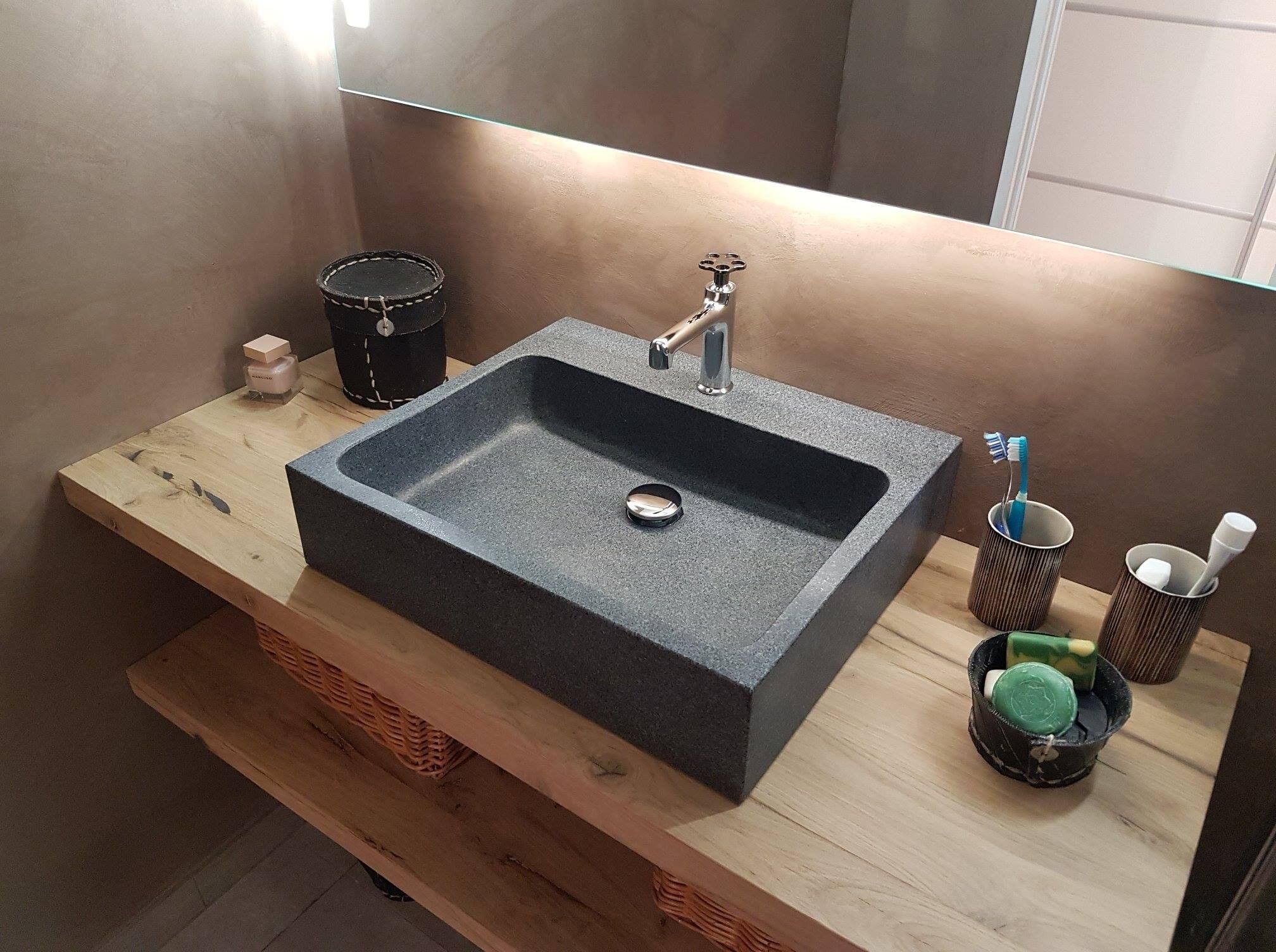 LivingRoc Vasque salle de bain A©vier granit gris trou robinetterie intA©grA© ALPHA