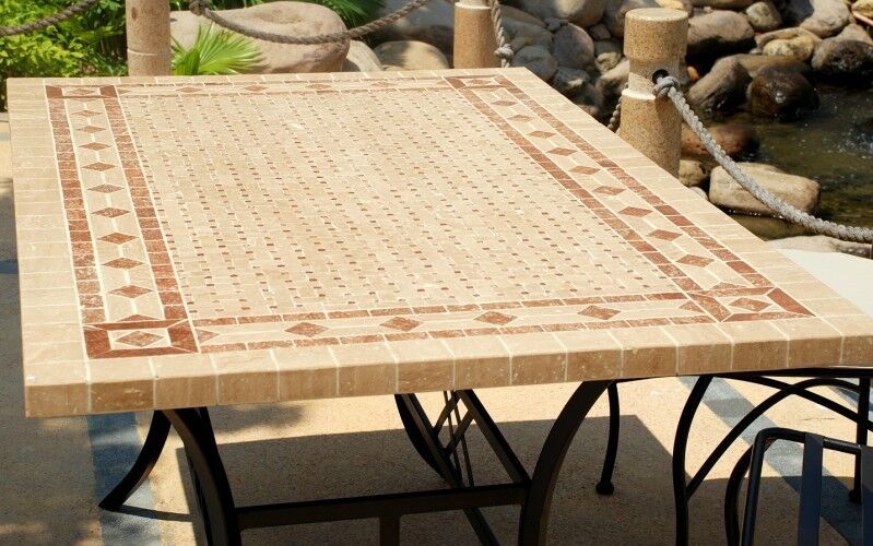 LivingRoc Table de jardin mosaïque marbre pierre naturelle 120-160-200-240 TOSCANE