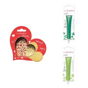 Kit pour biscuit en relief Coeur + 2 Stylos au chocolat vert et vert clair Scrapcooking