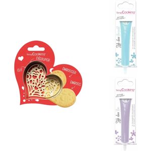 Kit pour biscuit en relief Coeur + 2 Stylos au chocolat bleu pastel et lilas Scrapcooking