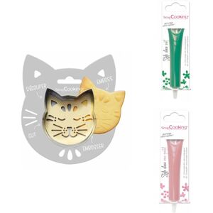 Kit pour biscuit en relief Chat + 2 Stylos au chocolat vert et rose pastel Scrapcooking