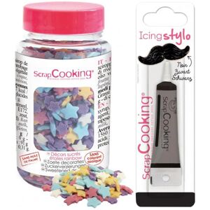 Decors sucres etoiles arc-en-ciel 55 g + Stylo de glacage noir Scrapcooking