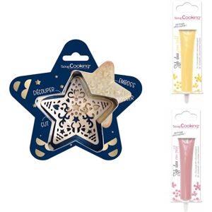 Kit pour biscuit en relief Étoile + 2 Stylos au chocolat jaune pastel et rose pastel Scrapcooking