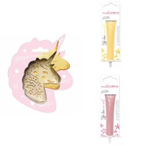 Kit pour biscuit en relief Licorne + 2 Stylos au chocolat jaune pastel et rose pastel Scrapcooking