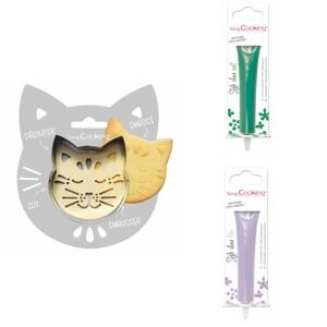 Kit pour biscuit en relief Chat + 2 Stylos au chocolat vert et lilas Scrapcooking