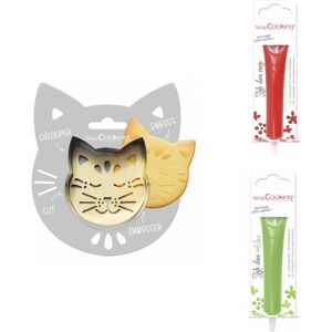 Kit pour biscuit en relief Chat + 2 Stylos au chocolat rouge et vert clair Scrapcooking