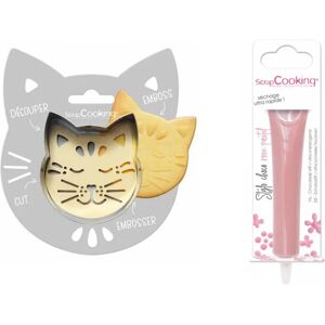 Kit pour biscuit en relief Chat + Stylo au chocolat rose pastel Scrapcooking