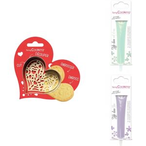 Kit pour biscuit en relief Coeur + 2 Stylos au chocolat vert d'eau et lilas Scrapcooking