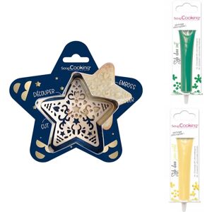 Kit pour biscuit en relief Étoile + 2 Stylos au chocolat vert et jaune pastel Scrapcooking