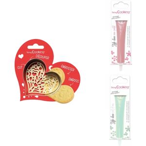 Kit pour biscuit en relief Coeur + 2 Stylos au chocolat rose pastel et vert d'eau Scrapcooking