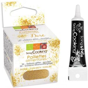 Paillettes alimentaires dorees + Stylo de glacage noir Scrapcooking