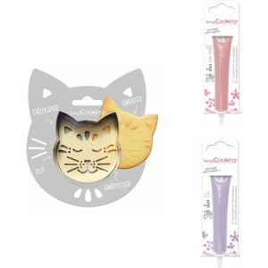 Kit pour biscuit en relief Chat + 2 Stylos au chocolat rose pastel et lilas Scrapcooking