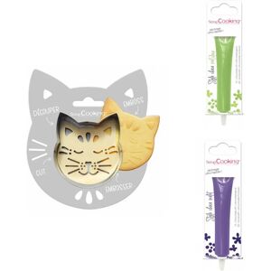 Kit pour biscuit en relief Chat + 2 Stylos au chocolat vert clair et violet Scrapcooking