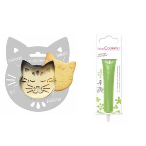 Kit pour biscuit en relief Chat + Stylo au chocolat vert clair Scrapcooking