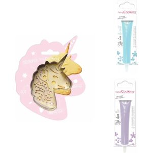 Kit pour biscuit en relief Licorne + 2 Stylos au chocolat bleu pastel et lilas Scrapcooking