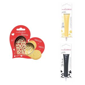 Kit pour biscuit en relief Coeur + 2 Stylos au chocolat jaune pastel et noir Scrapcooking