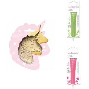 Kit pour biscuit en relief Licorne + 2 Stylos au chocolat vert clair et fuchsia Scrapcooking