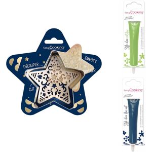 Kit pour biscuit en relief Étoile + 2 Stylos au chocolat vert clair et bleu nuit Scrapcooking